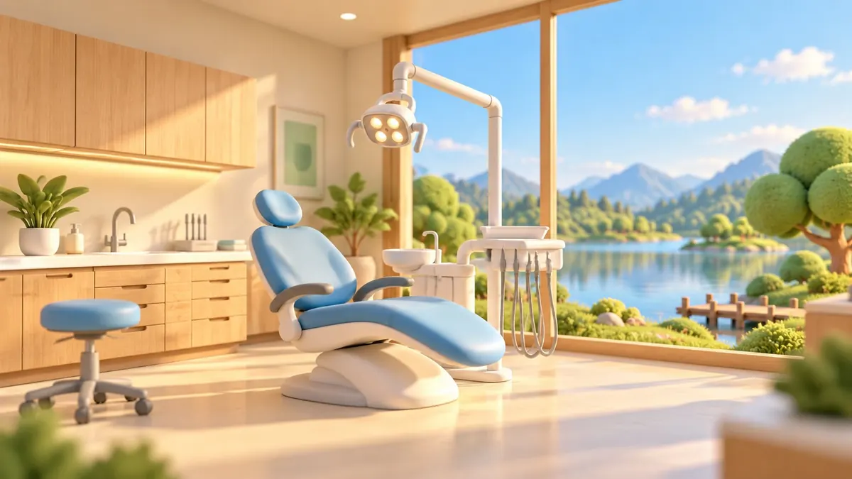 A miniature dental treatment room with a light-blue chair, pale wood cabinets and a large window onto a lake and mountains